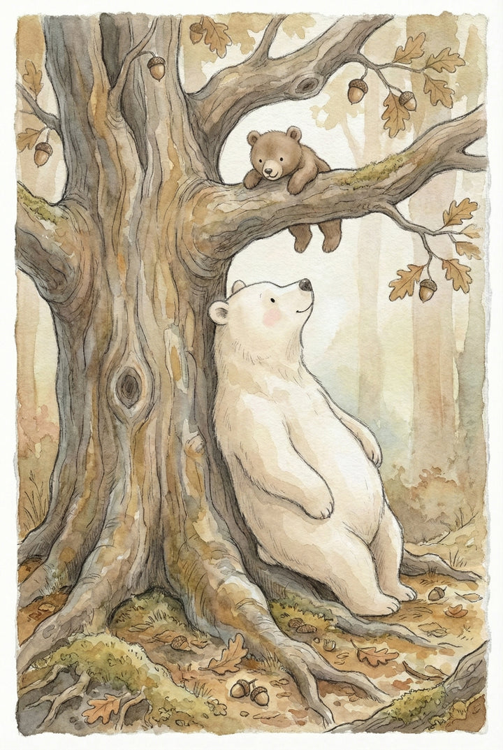 A soft watercolor illustration of a large white bear leaning against the textured trunk of an old oak tree. The white bear gazes upwards with a gentle expression at a small brown bear cub. The cub is perched on a thick branch, looking down towards the larger bear. The scene is filled with earthy tones, featuring detailed oak leaves and acorns hanging from branches and scattered across the forest floor. The style uses delicate lines and a muted color palette to create a peaceful atmosphere.