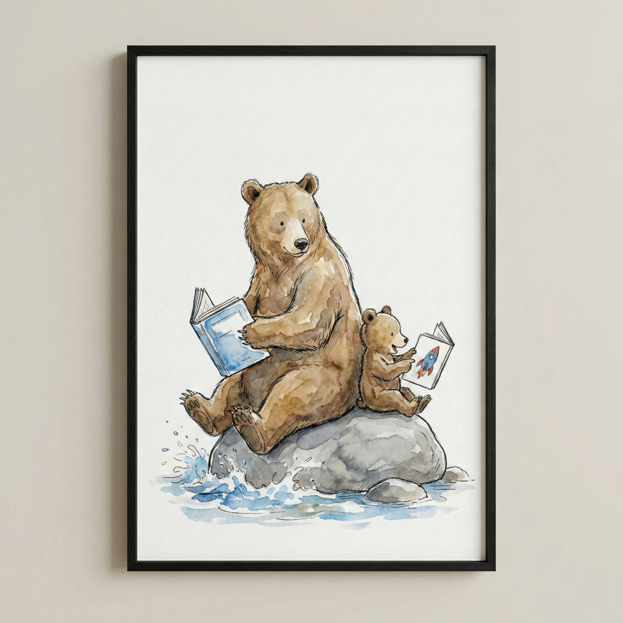 A watercolor illustration features a large brown bear and a small cub sitting back-to-back on a large grey rock surrounded by water. The larger bear holds an open book with a light blue cover, looking off to the side. The small cub holds its own open book, which shows a colorful rocket ship on the page. Gentle blue splashes of water are at the base of the rock. The artwork is displayed in a thin black frame against a neutral background.