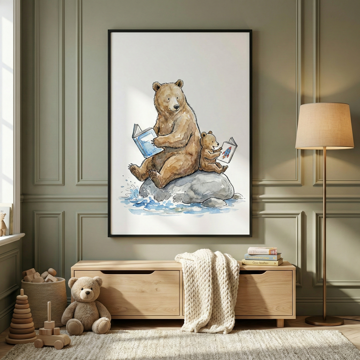 A large vertical illustration in a black frame hangs on a sage green paneled wall. The watercolor artwork depicts a large brown bear and a small cub sitting on a rock in water, both reading books. Below is a light-colored wooden cabinet with a cream knit blanket. On a textured rug, a plush bear sits near wooden stackers and a toy car. A floor lamp with a neutral shade stands to the right, completing the cozy nursery scene.