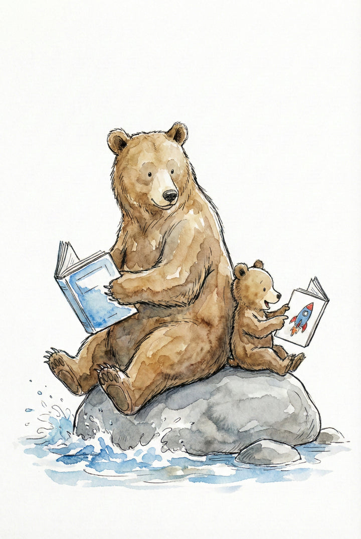 Two bears sit back to back on a large rock in a stream, each reading their own book. The cub reads a rocket-themed book while water splashes around them.