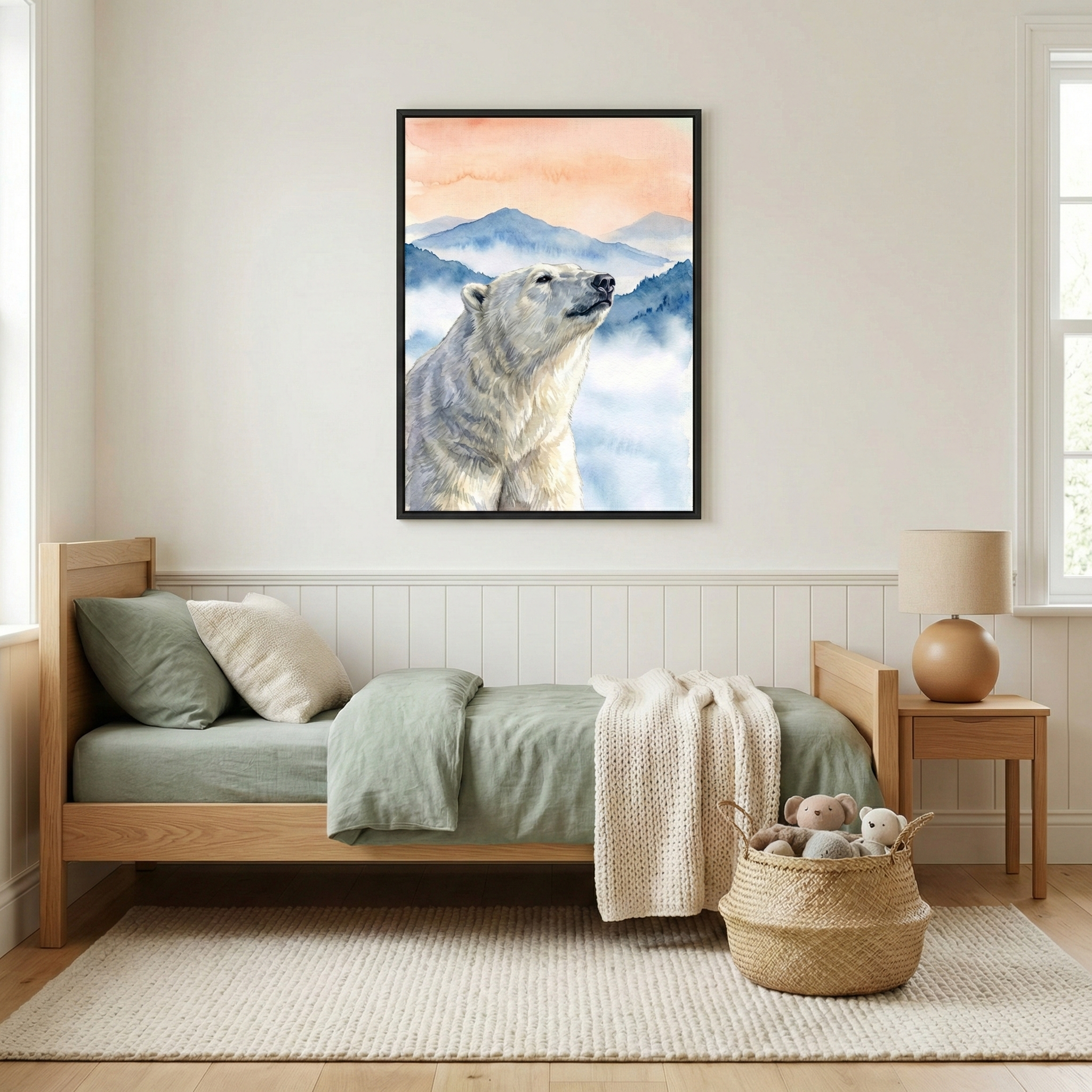 A serene bedroom features a light wood bed frame with sage green bedding and a cream-colored knit throw. Above the bed, a framed vertical artwork showcases a watercolor-style portrait of a polar bear gazing upward against a background of misty blue mountains and a warm, orange-toned sky. Next to the bed, a simple wooden nightstand holds a round, tan lamp. On a light-textured rug at the foot of the bed sits a woven basket filled with soft plush animal toys. 