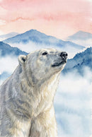 Watercolor illustration of a polar bear’s head and upper body angled upward as if scenting the air. Blue layered mountains fade into mist behind it under a soft peach pink sky. The upward gaze highlights the quiet strength of the Arctic setting.


