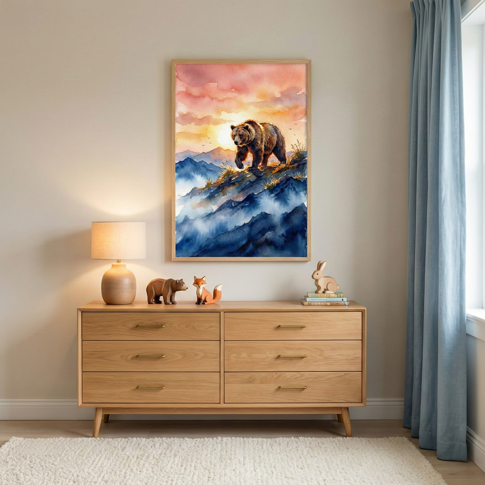 A bright and cozy room featuring a light-colored wooden dresser with six drawers. On top of the dresser, there is a simple table lamp with a light tan shade, along with small wooden figurines of a bear and a fox. To the right, a small wooden rabbit sits on a stack of books. Hanging on the neutral-toned wall above the dresser is a large, framed watercolor-style illustration. 