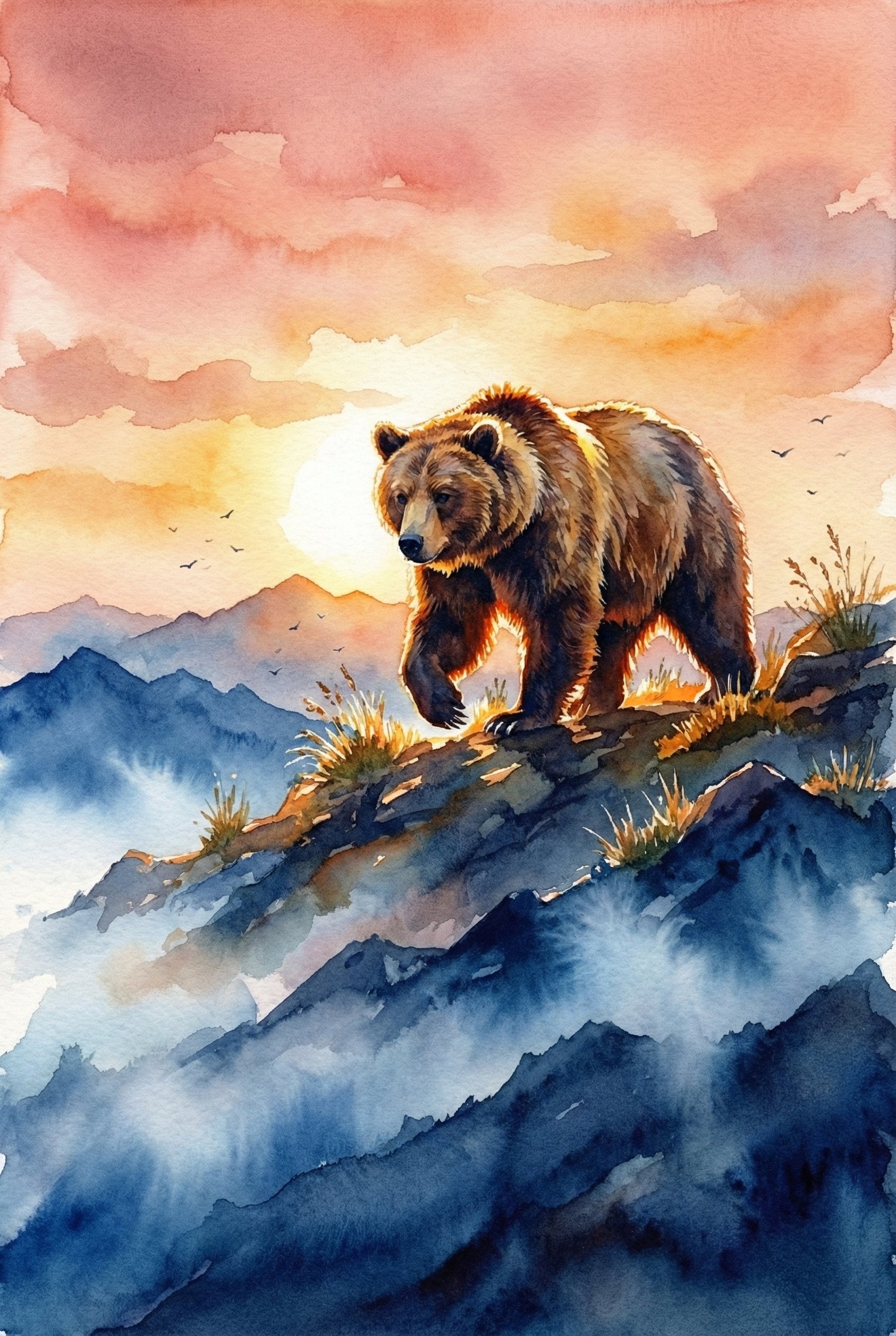 Watercolor illustration of a brown bear walking along a rocky mountain ridge glowing with warm sunset light. The sky is filled with orange and pink tones while blue mountains and small birds fill the distance. The backlit fur creates a dramatic silhouette effect.
