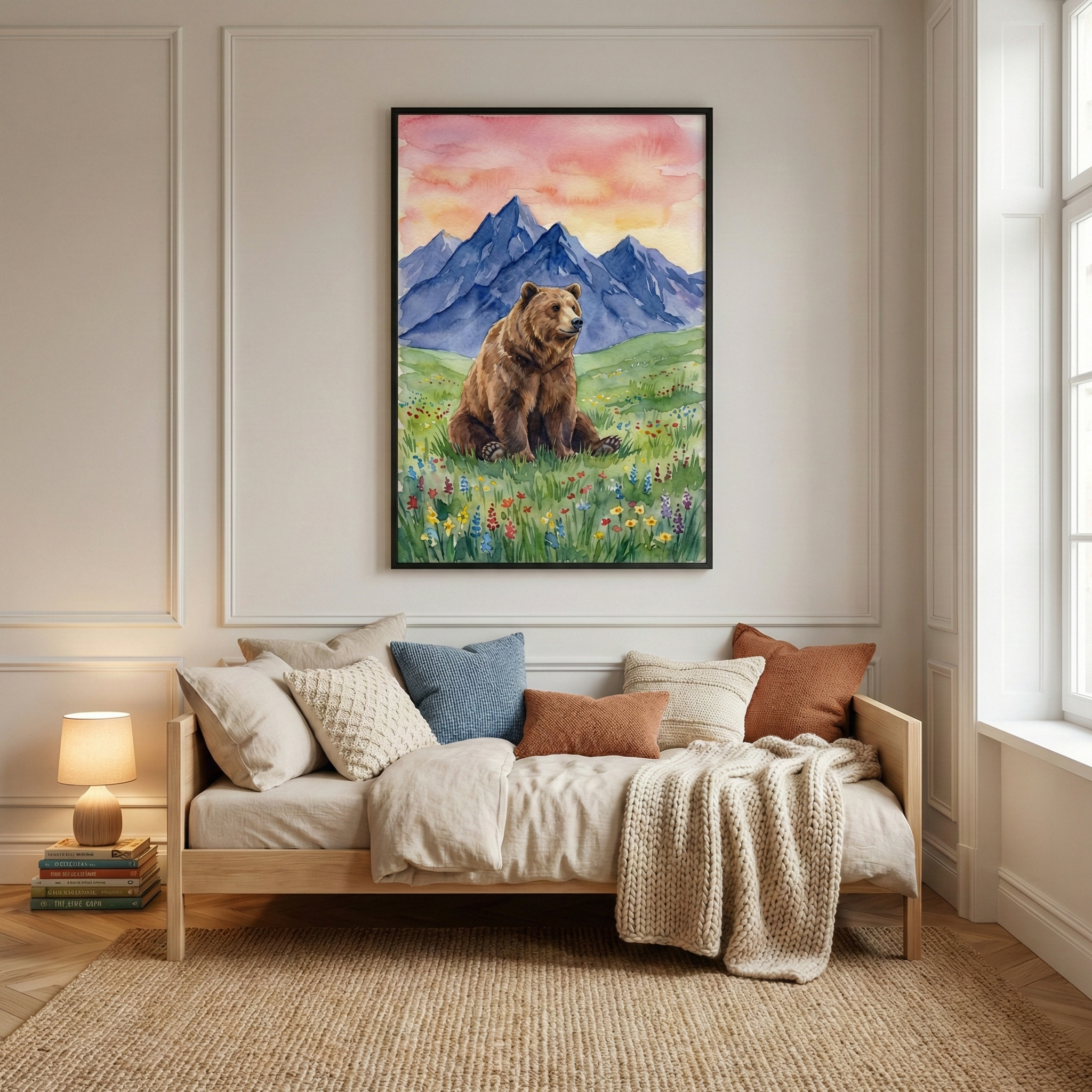 A framed vertical watercolor illustration of a brown bear sitting in a meadow of wildflowers. Behind the bear are blue mountains and a pink and orange sunset sky. The art is centered on a beige wall above a wooden daybed. The daybed is styled with pillows in shades of white, blue, and rust, and a chunky knit throw. To the left, a small lamp glows on a stack of books. A woven rug is on the floor, and a window to the right lets in natural light.
