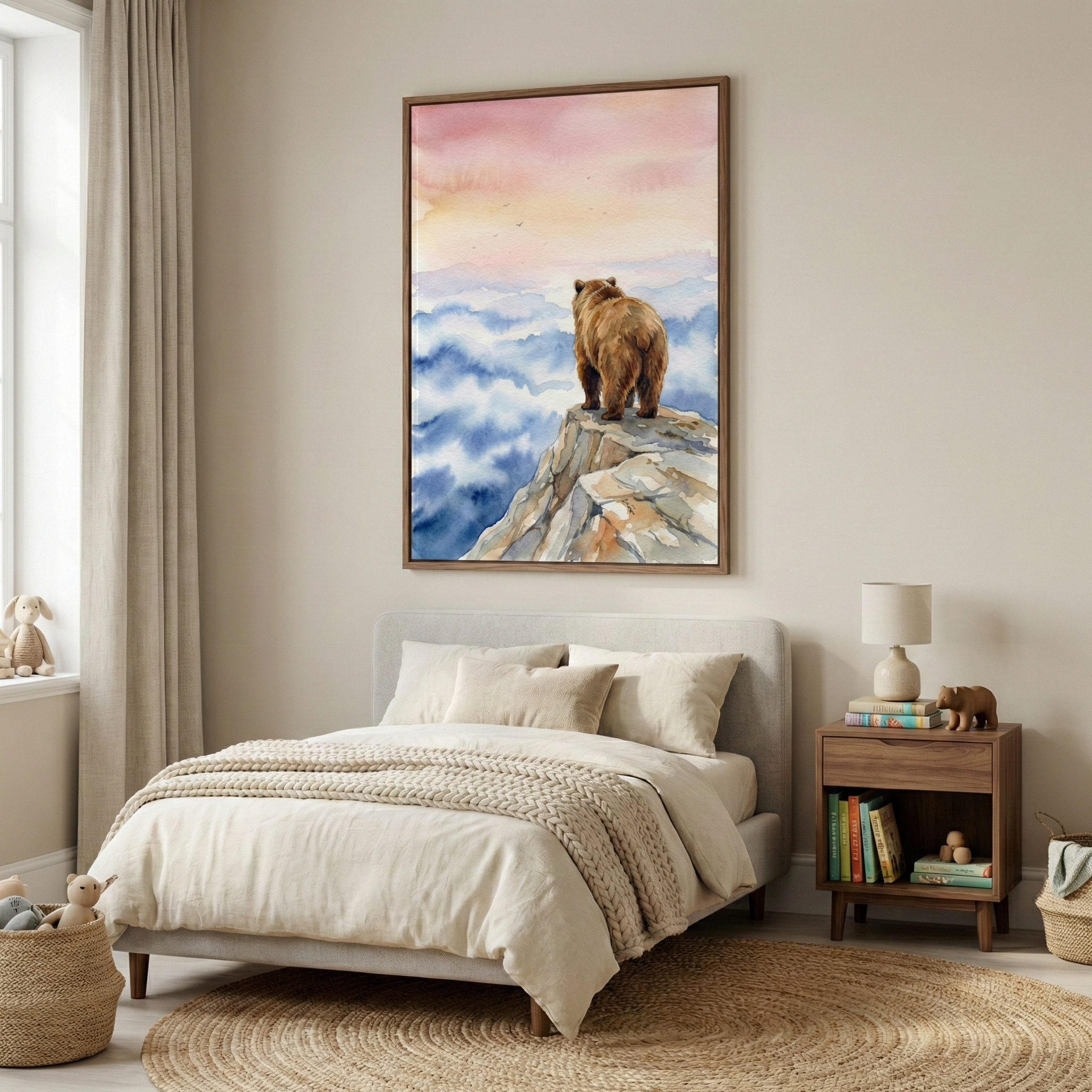A serene child's bedroom with neutral decor. Above a bed with cream-colored linens and a chunky knit throw hangs a framed watercolor artwork depicting a brown bear on a rocky cliff, gazing at a pink sunset over clouds. A wooden nightstand to the right holds a lamp, books, and a small wooden animal. To the left, a window with beige curtains features a stuffed rabbit on the sill. A round woven rug lies on the floor, adding texture to the warm, minimalist space.