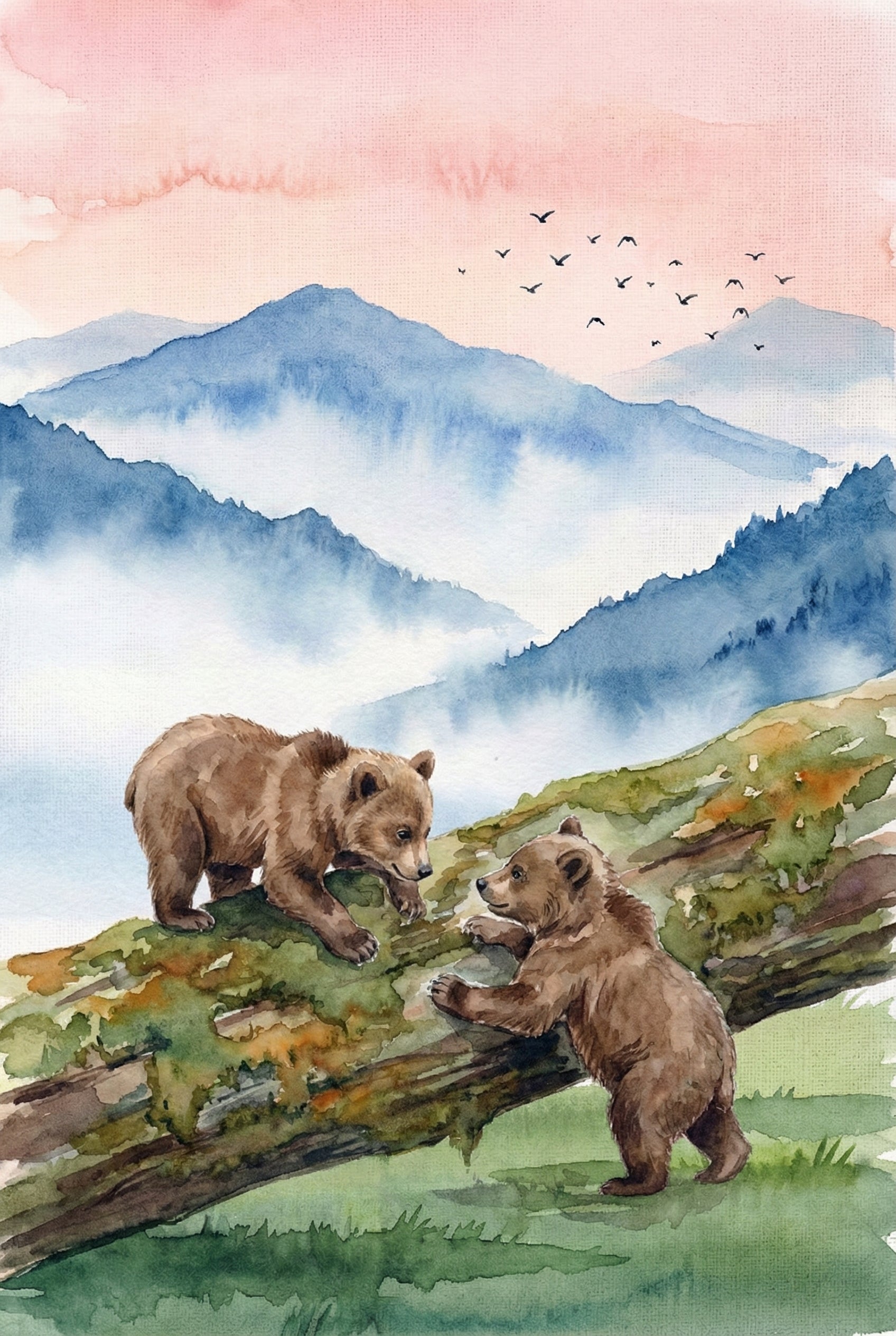Watercolor illustration of two brown bear cubs climbing and playing on a moss covered fallen tree trunk. Blue mountains and drifting mist fill the background while birds fly across the pink sky. Their interaction adds a playful and tender moment to the wilderness scene.

