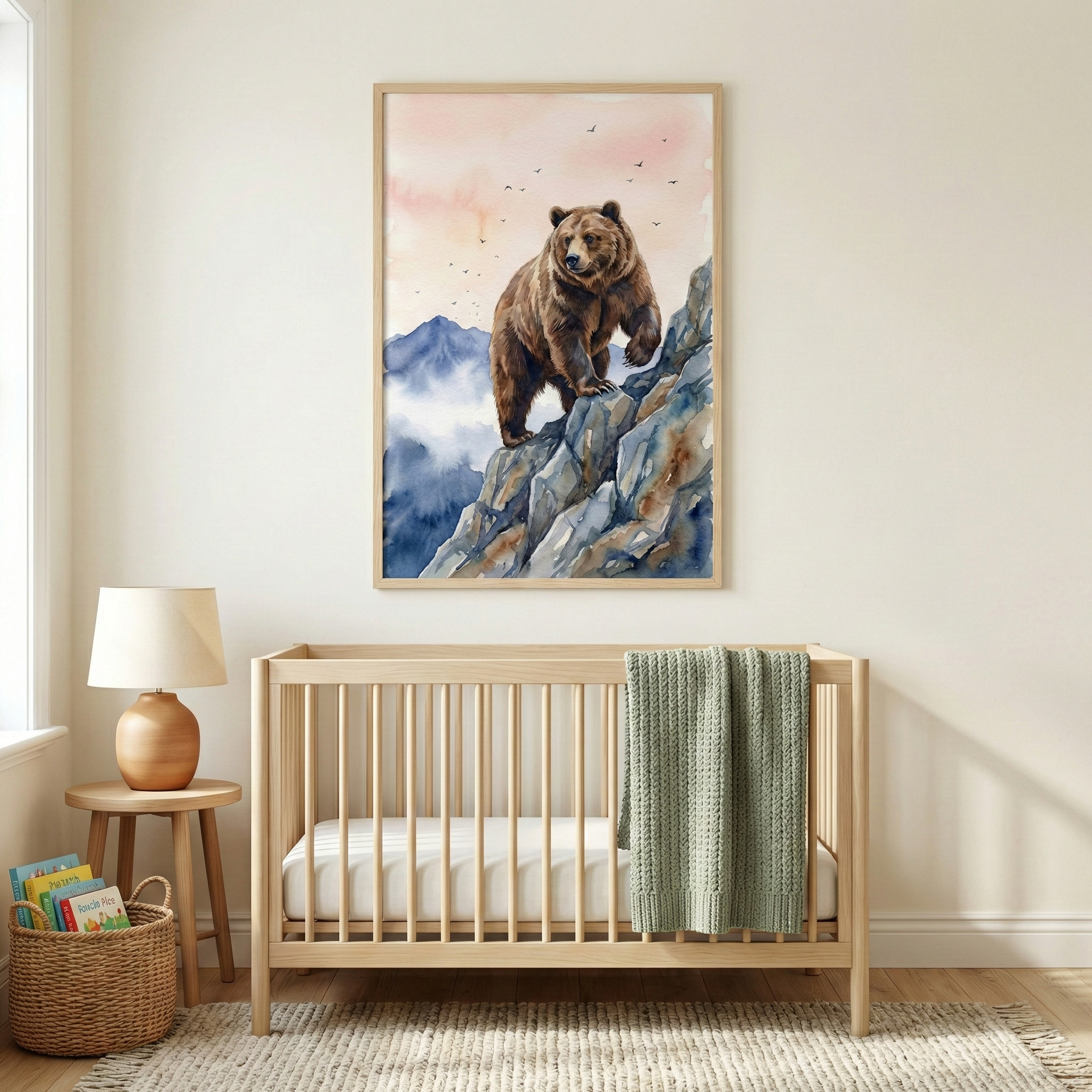 A cozy nursery features a wooden crib with a soft green blanket draped over the side. Beside it, a small round table holds a lamp, and a basket filled with children's books sits on the floor. Above the crib, a framed painting depicts a majestic bear standing on rocky terrain with a backdrop of misty mountains and a pink sky.
