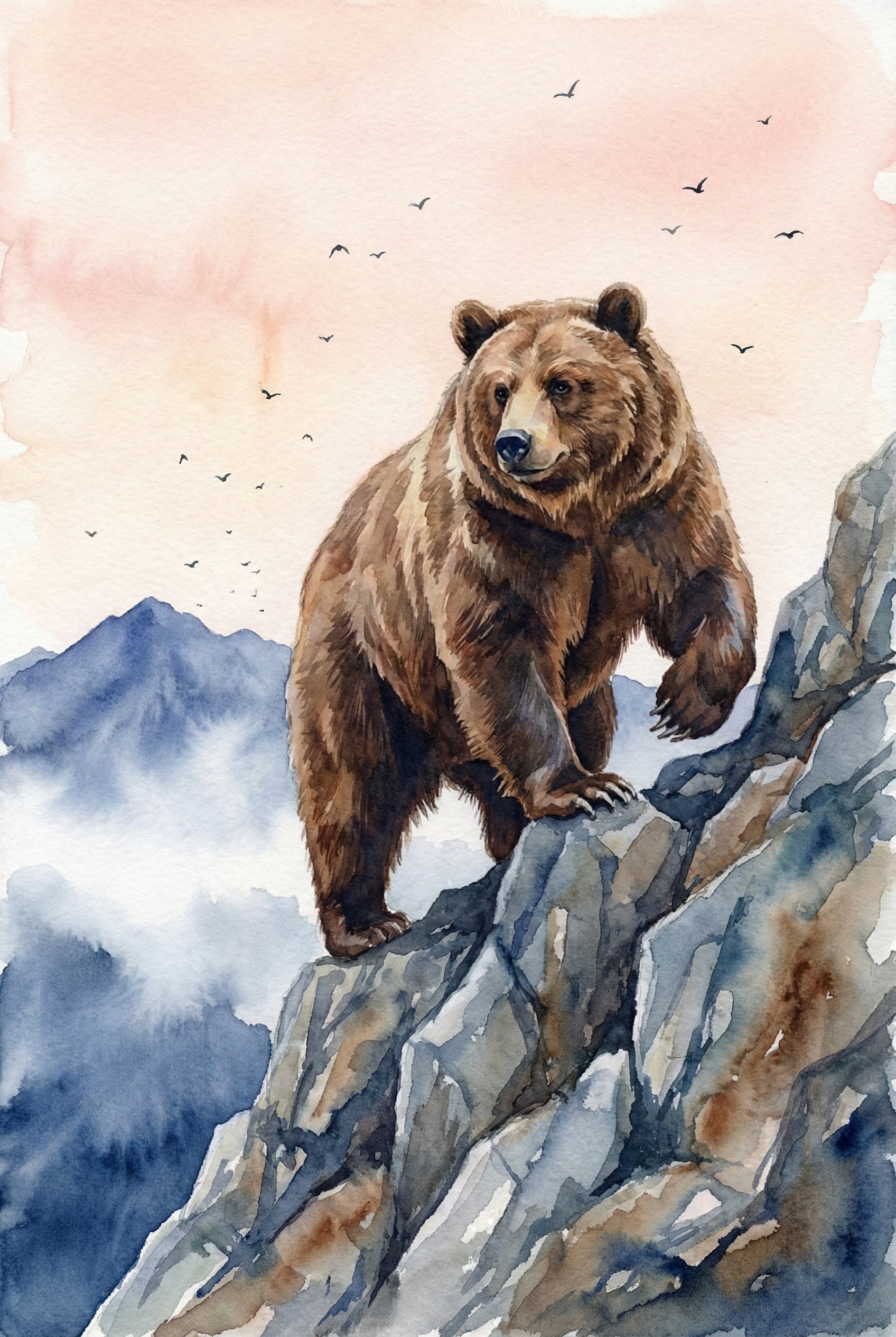 A large brown bear stands majestically on a steep, rocky cliffside. Its thick fur is rendered with detailed brown and tan tones. The bear gazes toward the left, overlooking a vast wilderness. In the background, misty blue mountain peaks are layered beneath a soft sky tinged with pale pink and orange. Several small birds fly across the horizon, adding a sense of movement to this serene watercolor illustration of nature.