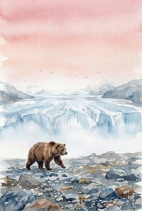 A watercolor-style illustration depicts a lone brown bear walking across rocky terrain in the foreground. Behind the animal, a massive glacier with jagged edges and deep blue crevasses fills the midground, partially shrouded in a soft white mist. The upper portion of the scene features a tranquil sky washed in shades of pale pink and warm peach at dawn or dusk, with a small flock of birds flying far off in the distance. The artwork is rendered on a visibly textured paper background.