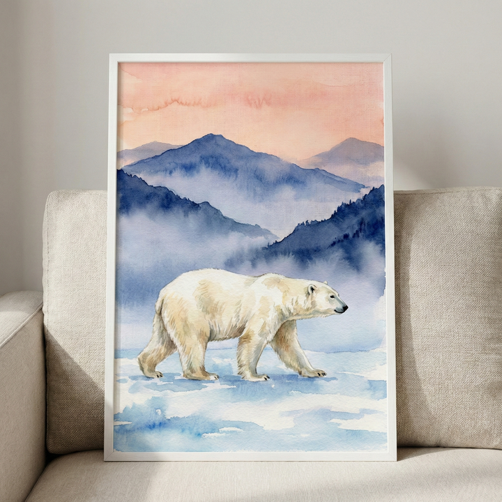 A white-framed artwork rests on a light beige fabric couch. The piece illustrates a large polar bear walking across a snowy, icy surface. Behind the bear, several layers of hazy blue mountains fade into the distance, partially obscured by mist. The sky above is rendered in soft washes of peach and warm orange, suggesting a sunrise or sunset. The entire scene is executed in a delicate watercolor style with fluid textures and soft transitions. 