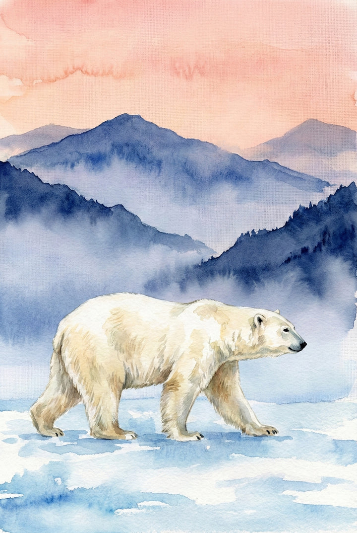 Watercolor illustration of a polar bear walking steadily across a pale icy surface. Misty blue mountain ridges rise behind it beneath a soft peach sky. The side profile highlights the bear’s size and quiet strength in a frozen environment.

