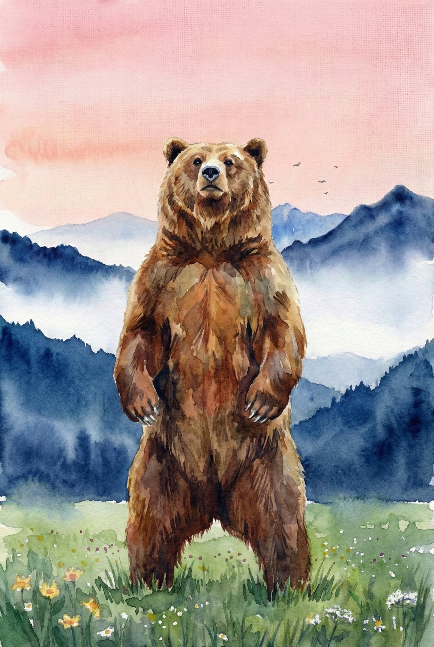 Watercolor illustration of a brown bear standing upright on its hind legs in a green meadow dotted with small yellow and white wildflowers. Misty blue mountain layers rise behind the bear beneath a soft pink sky with a few distant birds. The upright pose makes the bear appear alert and powerful against the calm landscape.

