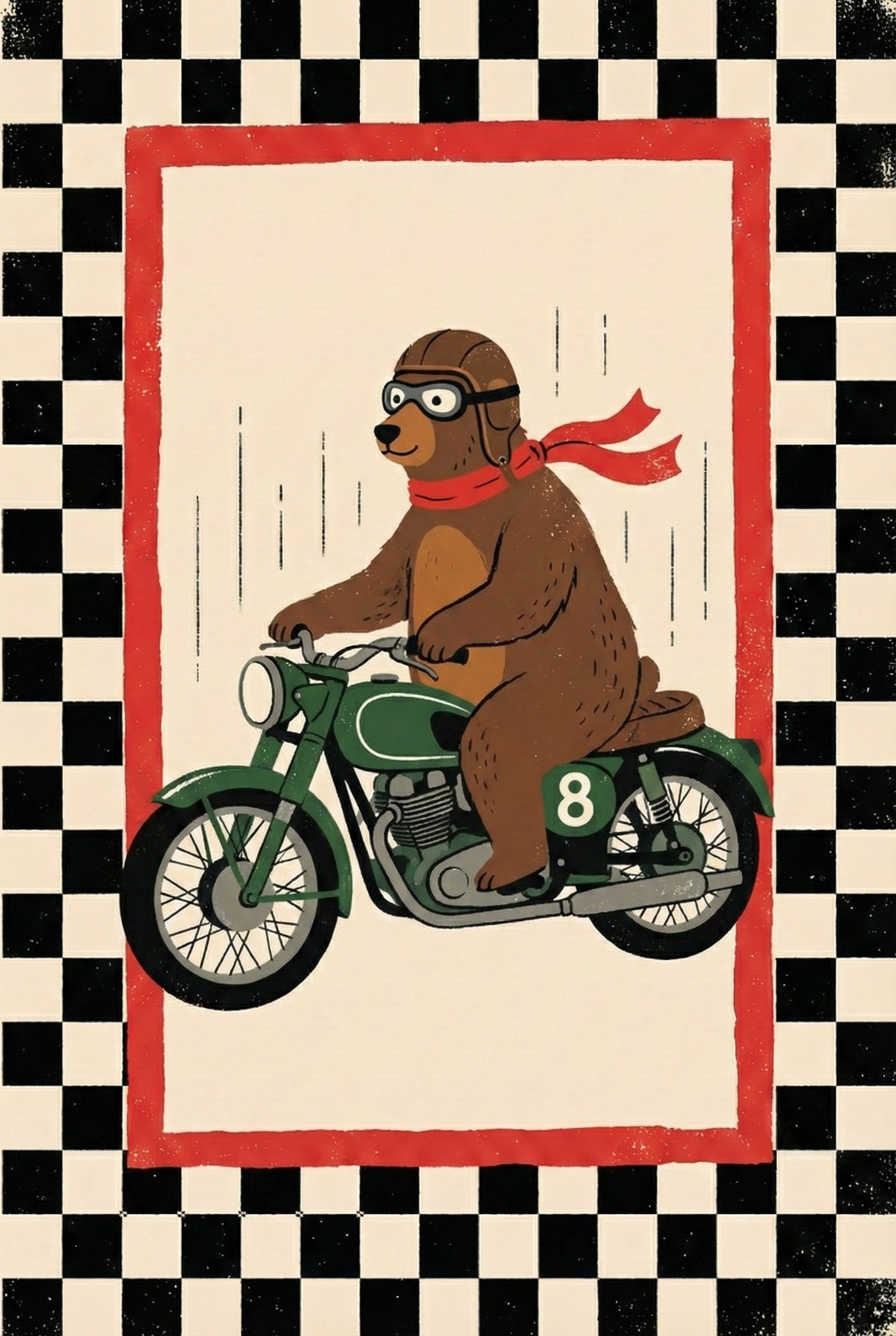 Bear On Vintage Motorbike Mid-century Kids Wall Art - Speedway Grizzly