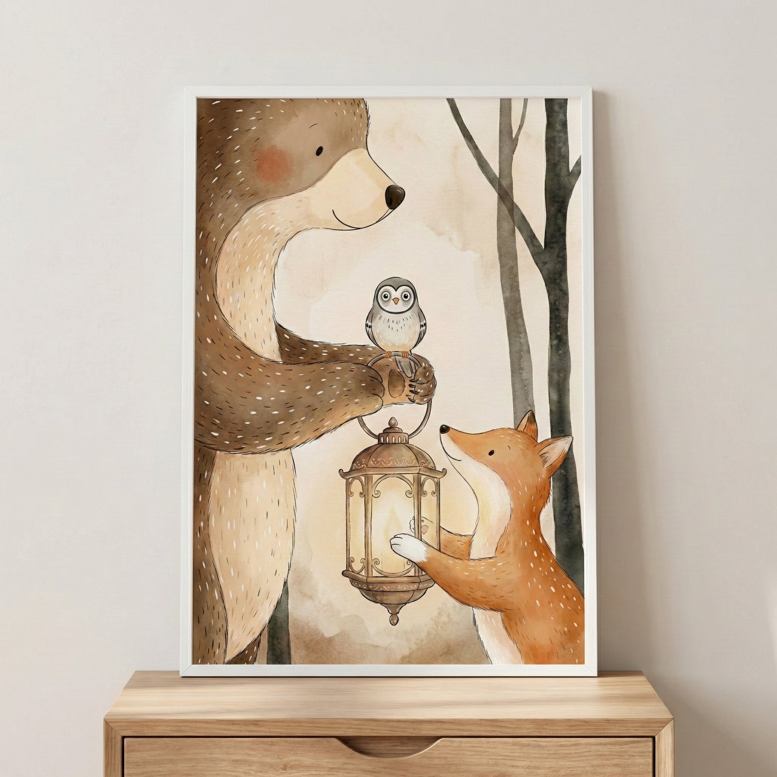 Sweet watercolor illustration of a bear and a fox holding a glowing lantern together while a tiny owl perches on the bear’s paw. The soft beige and brown forest background creates a gentle, comforting atmosphere.