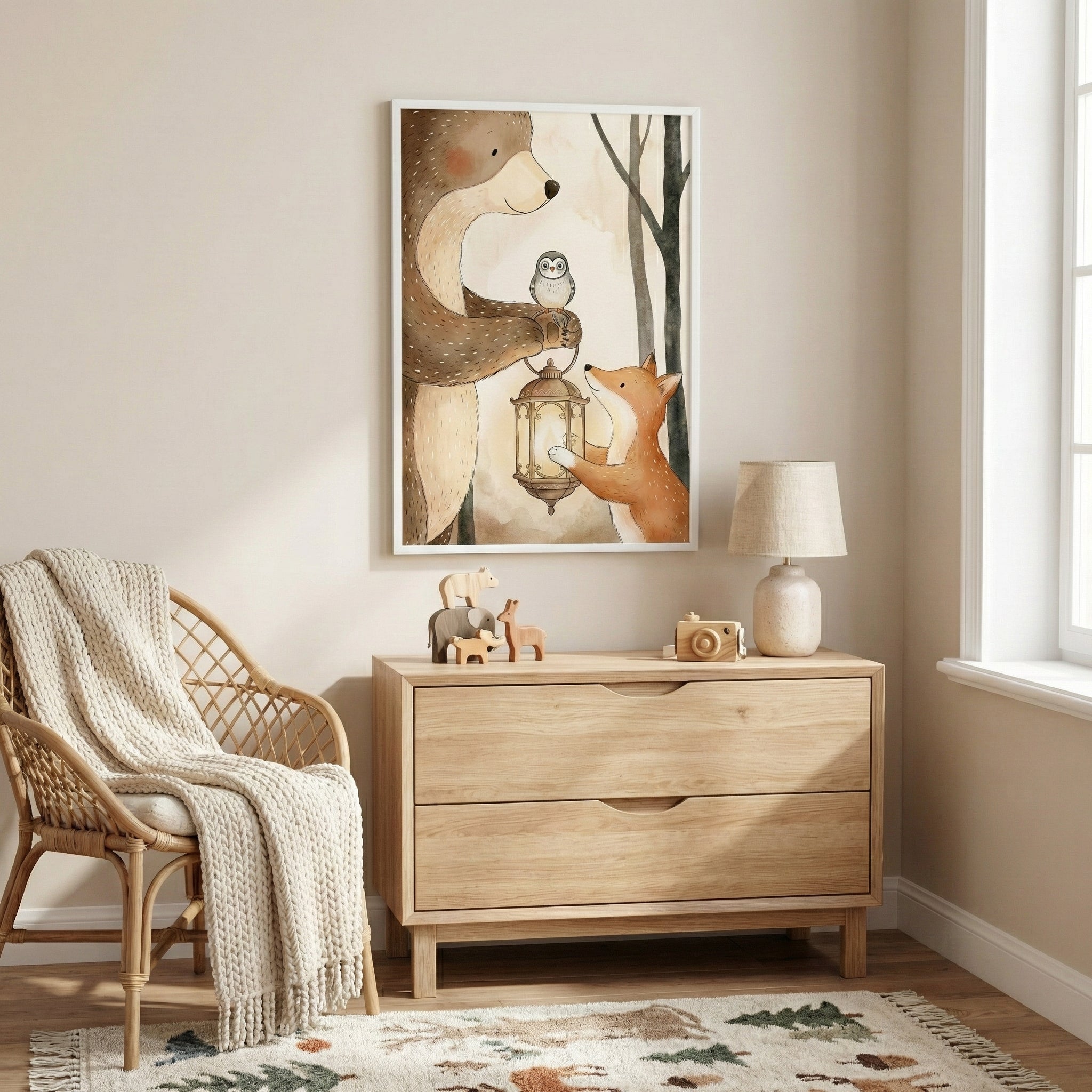 Framed bear, fox, and owl print displayed in a softly lit nursery with light wood furniture and neutral decor. The warm tones and woodland theme bring a peaceful, storybook charm to the space.