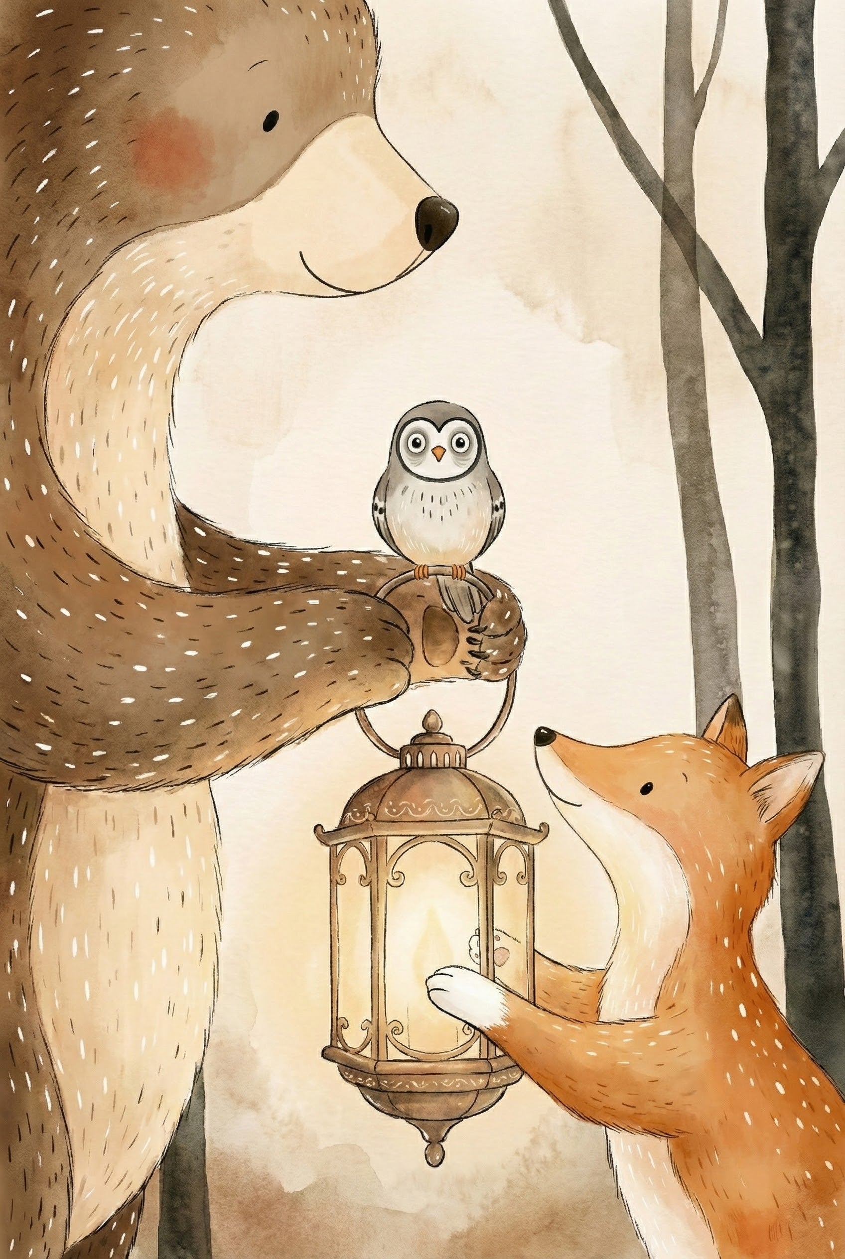 Close-up illustration of a smiling bear and fox gently holding a glowing lantern together, with a small owl perched on top. Soft neutral tones and bare trees in the background create a calm woodland setting.