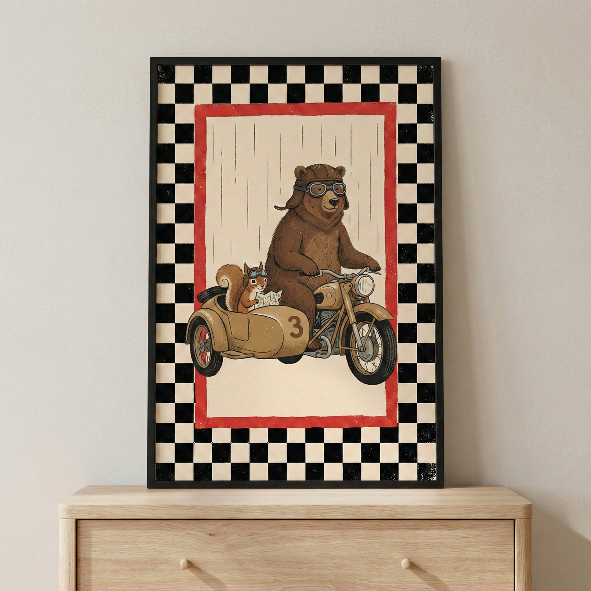 Bear Riding Motorcycle Vintage Style Wall Art - Sidecar Sidekicks