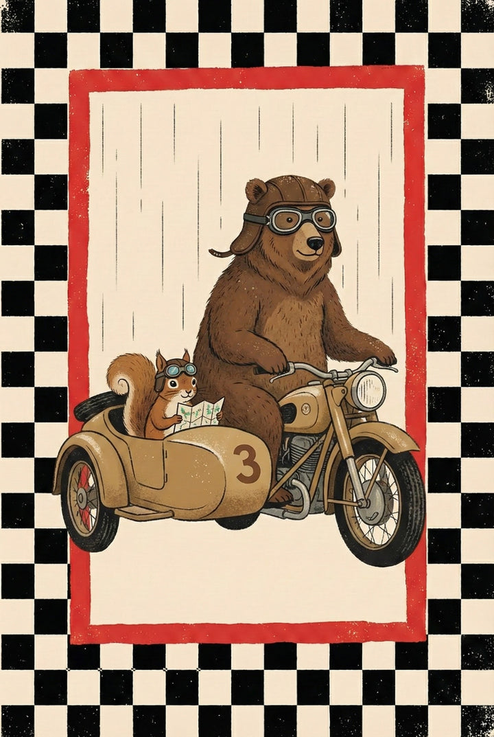 Illustration of a brown bear driving a beige motorcycle with a matching sidecar labeled number 3, carrying a squirrel passenger who wears goggles and studies a map.