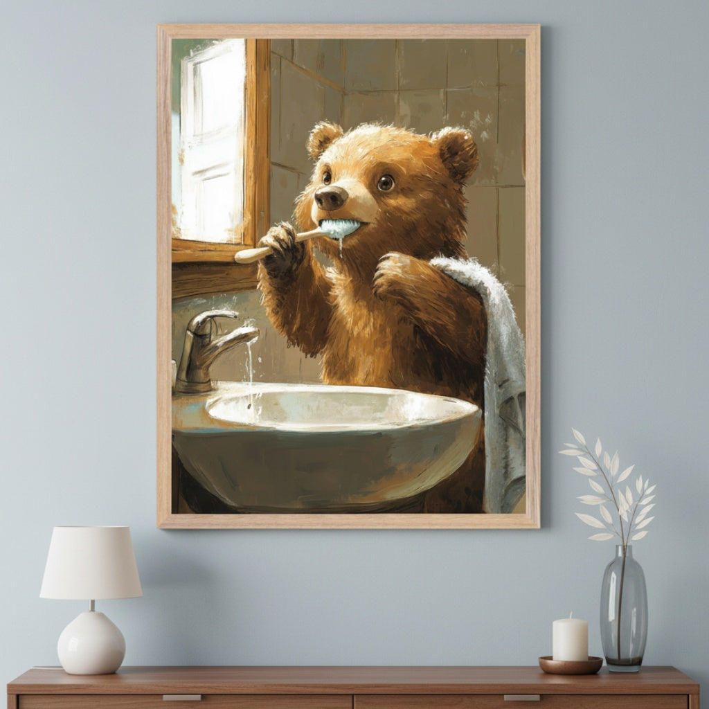 Modern living room with a wooden console table. A framed painting of a brown bear brushing its teeth at a sink in a bathroom, rendered in an illustrative style, hangs centered above the table. A white lamp, a candle, and a vase are on the table.