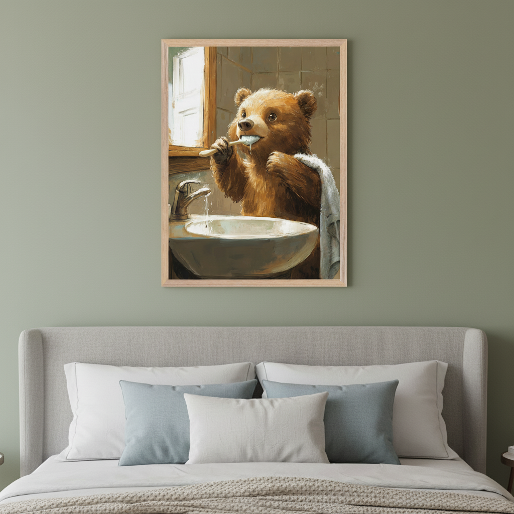 Modern bedroom with a grey upholstered bed. A framed painting of a brown bear brushing its teeth at a sink hangs centered above the headboard. The artwork is in a painterly style.