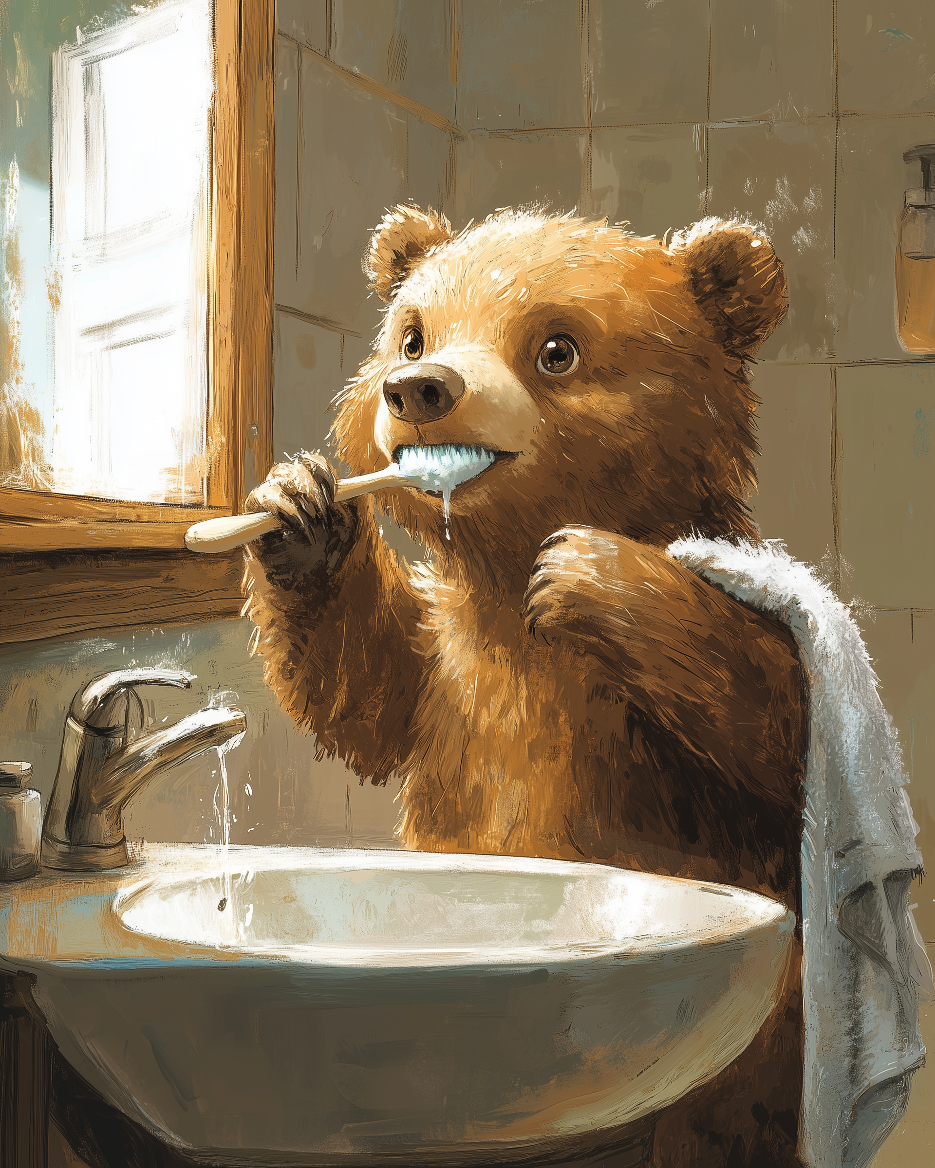 Charming digital illustration of a brown bear brushing its teeth with a foamy toothbrush in front of a mirror, water running from the tap, and a towel slung over its shoulder in a cozy bathroom.
