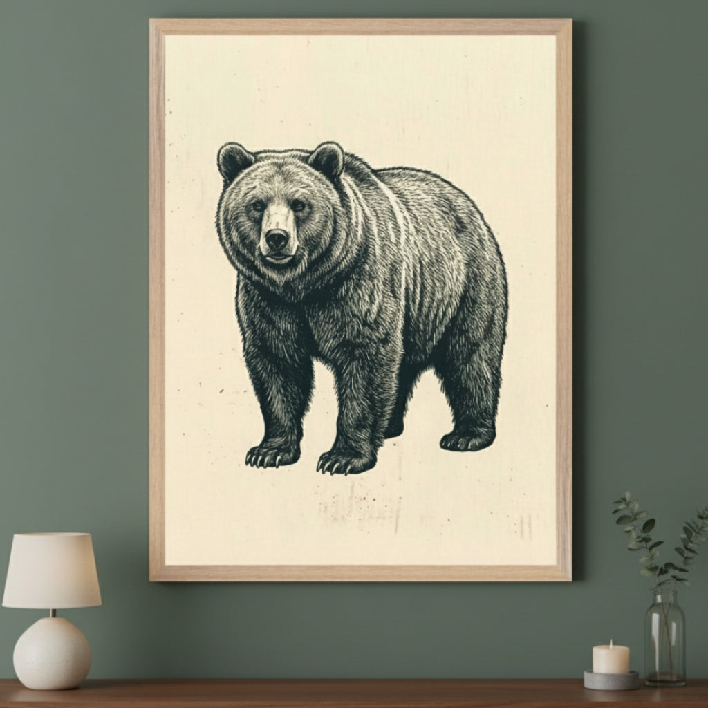 Modern room with a dark green wall and a wooden table. A large light wood framed print of a standing grizzly bear in a detailed black and white style hangs centered above the table. A white lamp, small plant, and candle are on the table.