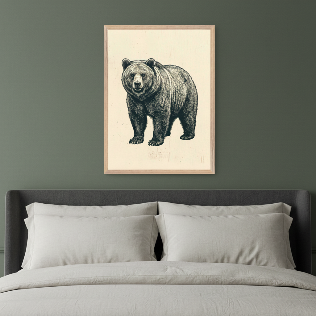 Modern bedroom with a dark gray upholstered bed and light gray bedding. A framed illustration of a grizzly bear, standing and facing forward, in a black and white sketch style on a cream background, hangs centered above the bed.
