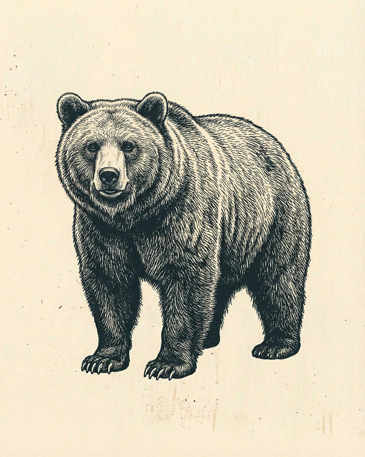 Hand-drawn black and white sketch of a bear facing forward with detailed fur texture and strong posture against a neutral background
