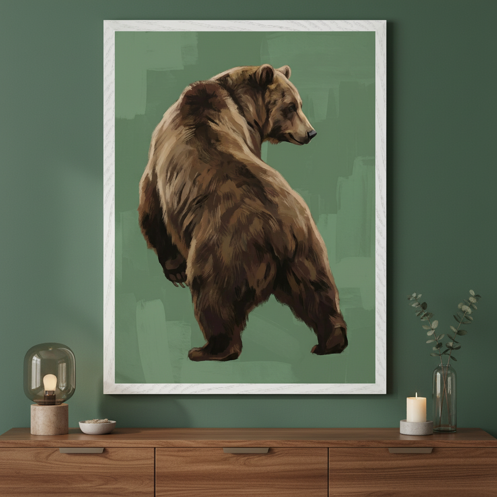 Modern living room with a brown wooden console table. A large framed painting of a brown bear looking over its shoulder, against a green painterly background, hangs centered above the table. A table lamp and a candle with eucalyptus are on the table.