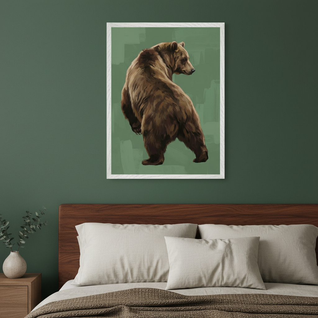 Modern bedroom with a wooden bed and light beige bedding. A large framed illustration of a brown bear standing on its hind legs, looking back, hangs centrally above the bed. The art features a green brushstroke background.