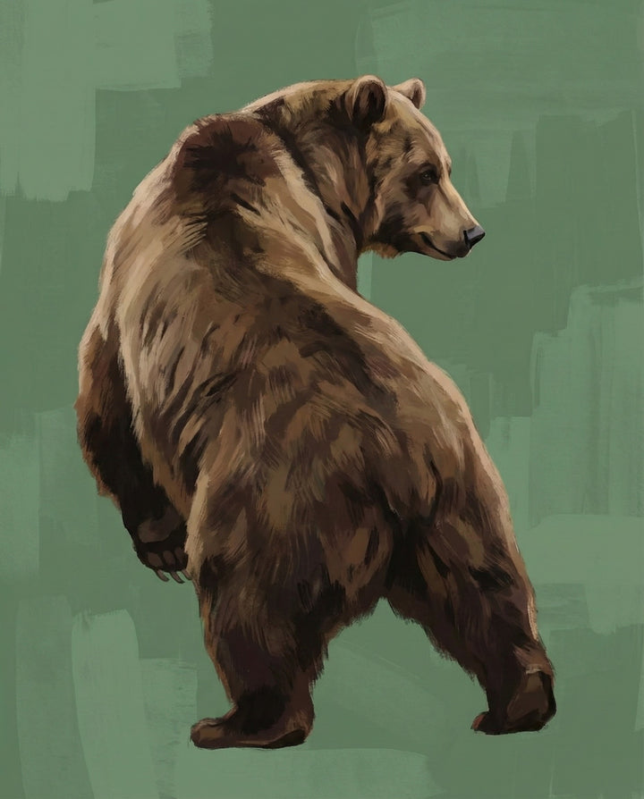 A large brown bear looks over its shoulder while standing against a muted green background. The soft brush texture and powerful body language emphasize the bear's strength and presence.
