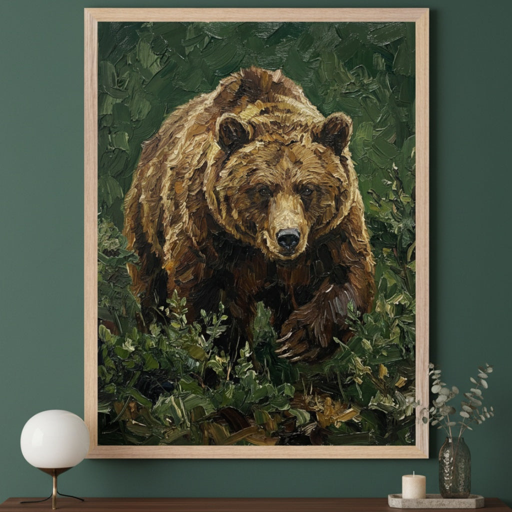 Modern room with a dark green wall and a wooden console table. A large framed oil painting, in an impasto style, depicting a brown grizzly bear walking through dense green foliage, hangs centered above the table. A white globe lamp is on the left; a candle and eucalyptus vase are on the right.