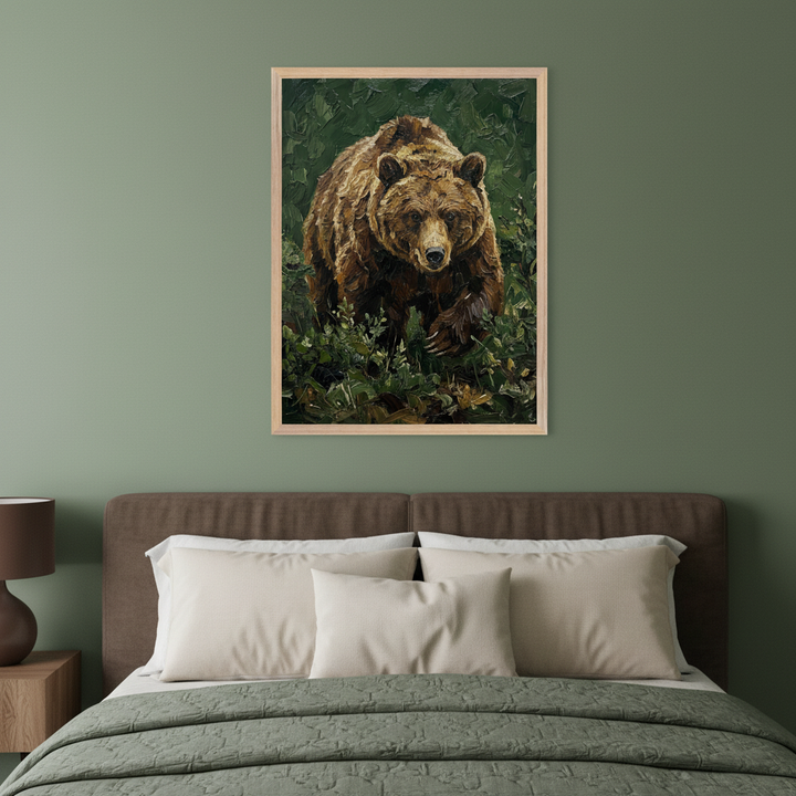 Modern bedroom with a bed, brown headboard, and green bedding. A brown lamp is on a wooden side table. A framed oil painting of a brown bear in green foliage hangs centered above the bed.