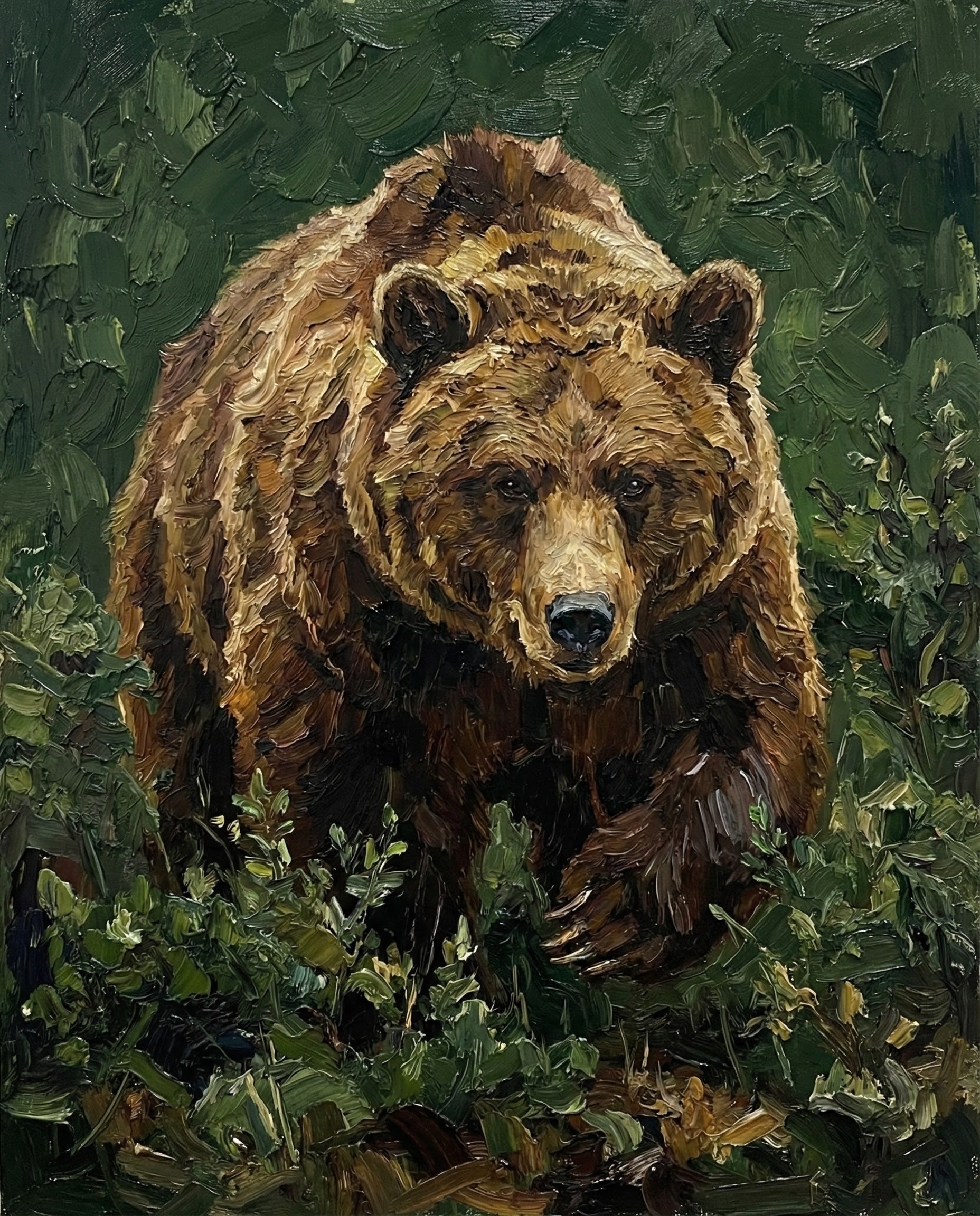 An oil painting of a brown bear emerging from thick underbrush, captured head-on with textured brushstrokes that emphasize its fur and the surrounding greenery. The bear's intense gaze adds a sense of wild presence.

