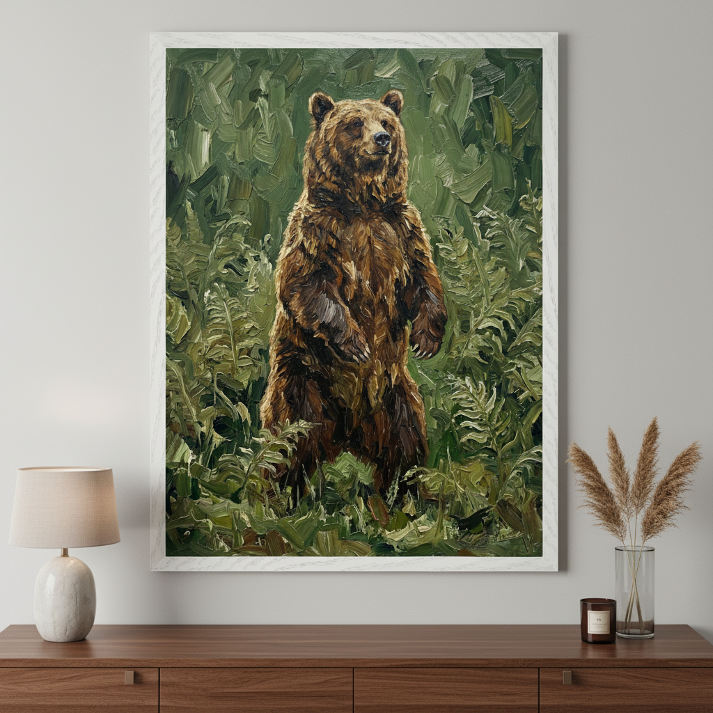 Modern room with a dark wood dresser. A large framed oil painting of a brown bear standing on its hind legs in a dense green forest, painted with visible brushstrokes, hangs centered above the dresser.