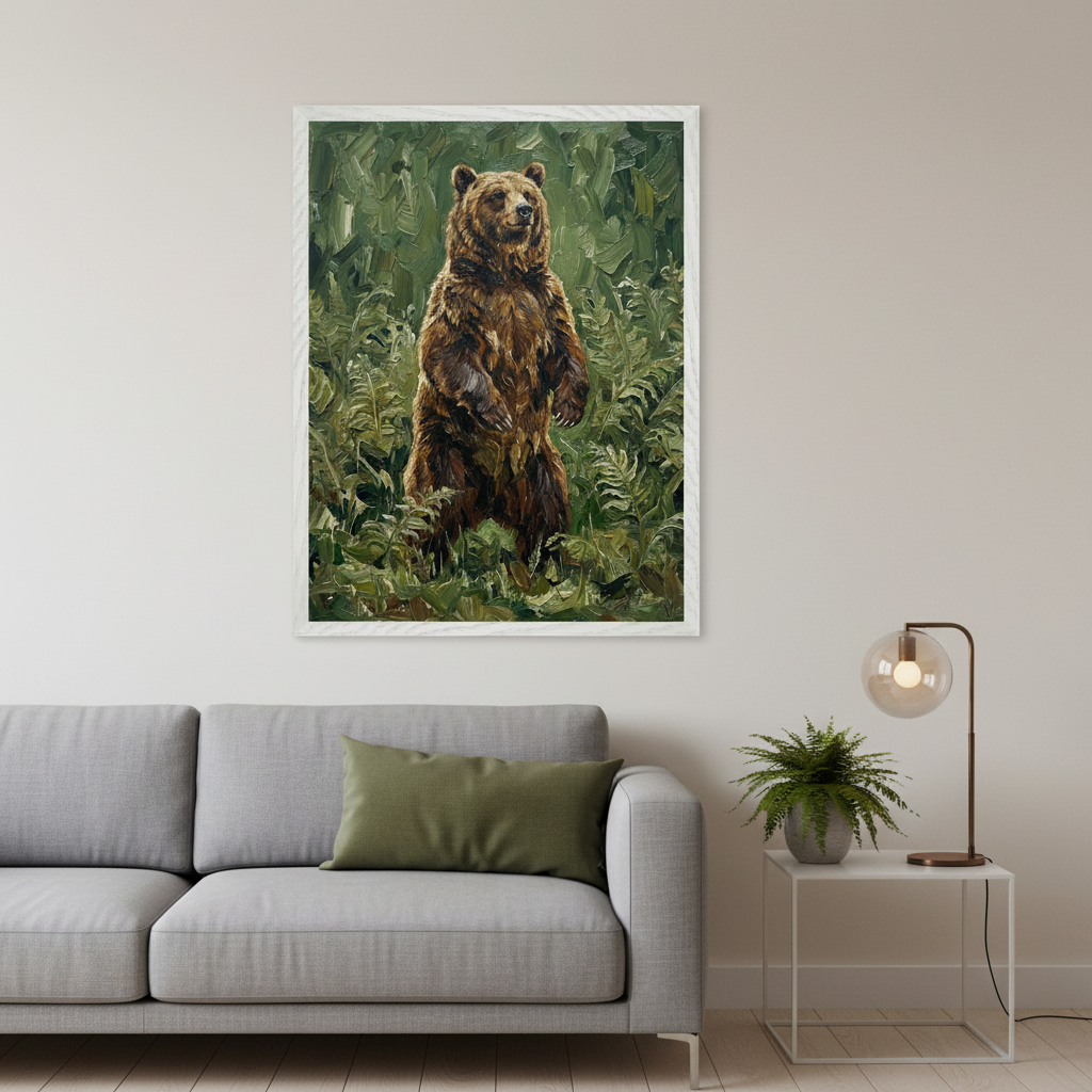 Modern living room with a light brown sofa. A framed oil painting of a brown bear standing in green ferns hangs above the sofa. A side table with a lamp is to the left.