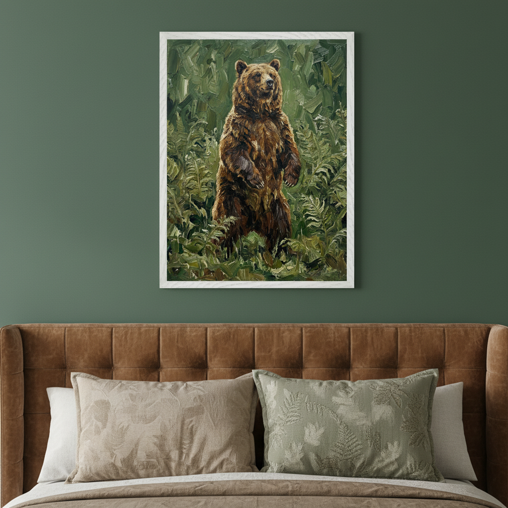 Bedroom with a brown tufted headboard bed. A framed, textured painting of a brown bear standing in green foliage hangs centered above the bed.
