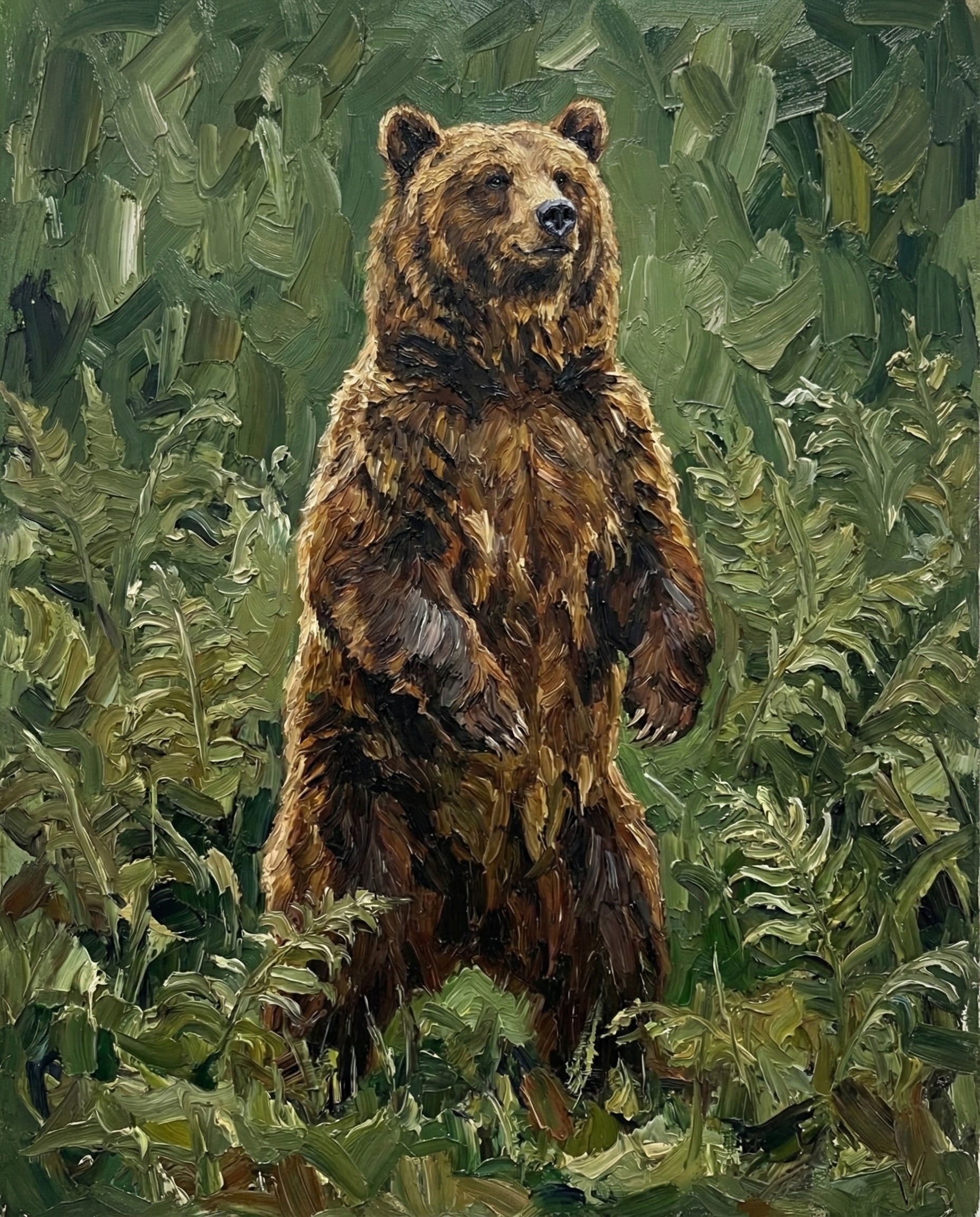 A brown bear stands alert on its hind legs among tall green ferns in a lush forest, painted with expressive strokes that highlight the animal’s posture and textured environment. Its raised stance suggests curiosity or awareness.
