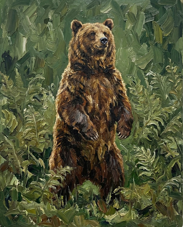 A brown bear stands alert on its hind legs among tall green ferns in a lush forest, painted with expressive strokes that highlight the animal’s posture and textured environment. Its raised stance suggests curiosity or awareness.
