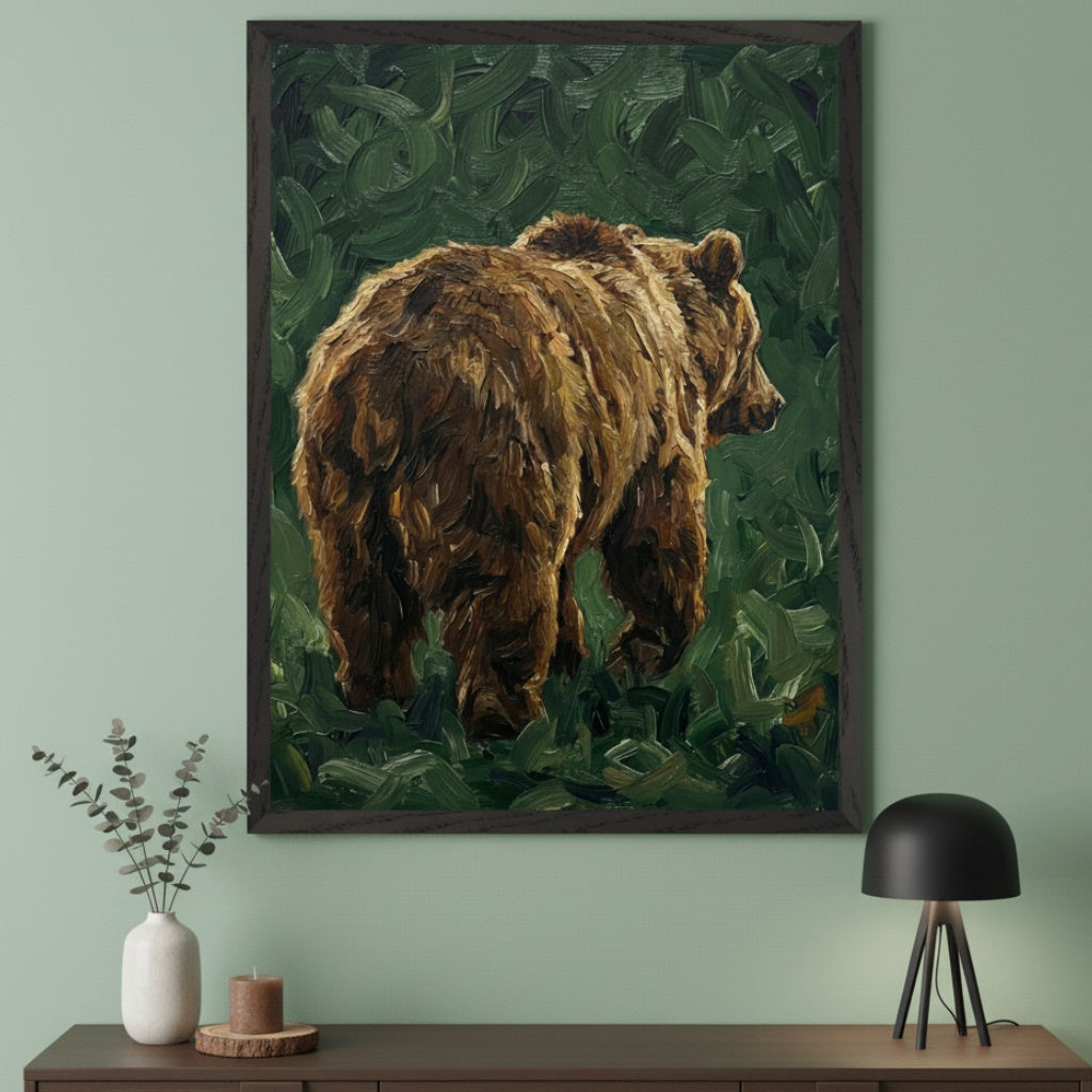 Contemporary room with a dark wooden dresser. A large framed impasto painting of a brown bear walking through green foliage, seen from behind, hangs centered above the dresser.