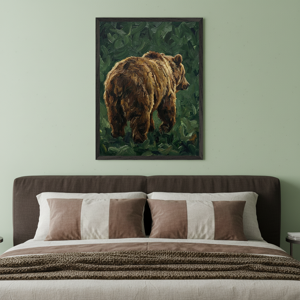 Modern bedroom with a brown upholstered bed. A framed painting of a brown bear walking away into dense green foliage, rendered in an impasto style, hangs centered above the bed.