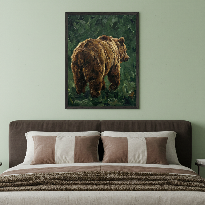Modern bedroom with a brown upholstered bed. A framed painting of a brown bear walking away into dense green foliage, rendered in an impasto style, hangs centered above the bed.