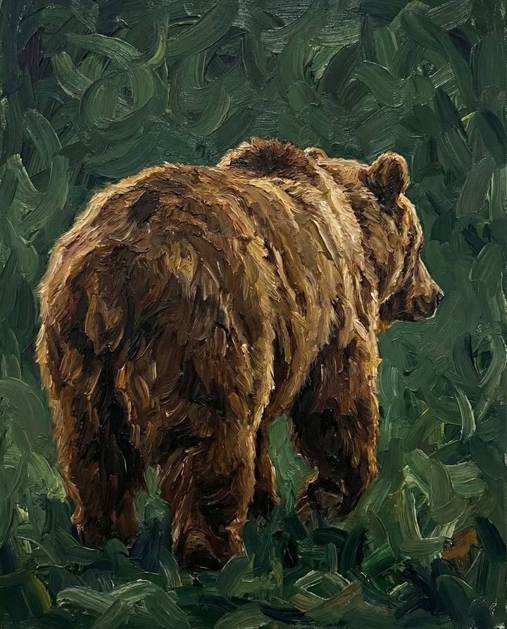 A rear view of a brown bear walking into dense green foliage, its body painted in layered browns with thick impressionistic brushwork. The background features swirling strokes of green, creating a sense of movement and retreat.
