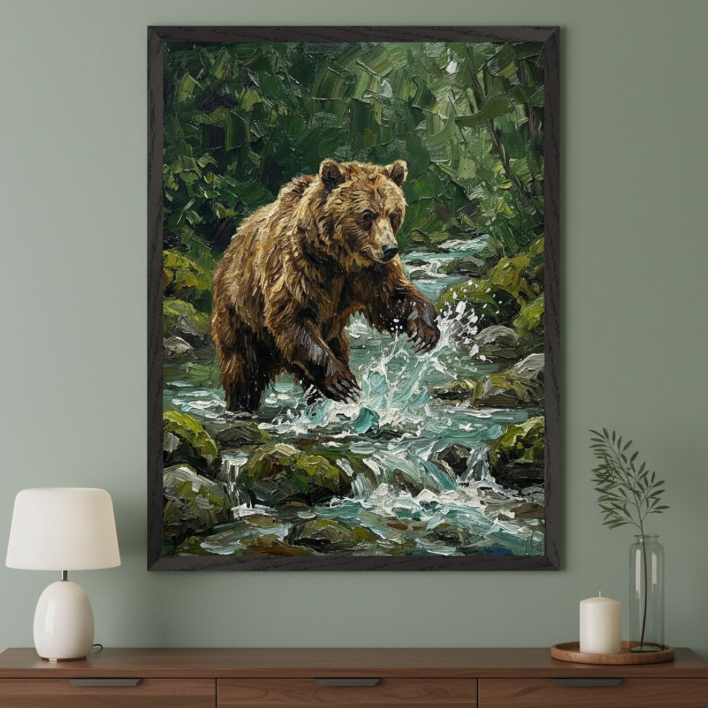 Contemporary room with a wooden credenza. A large framed impasto oil painting of a brown bear splashing in a forest river hangs centered above the credenza. The wall is sage green.