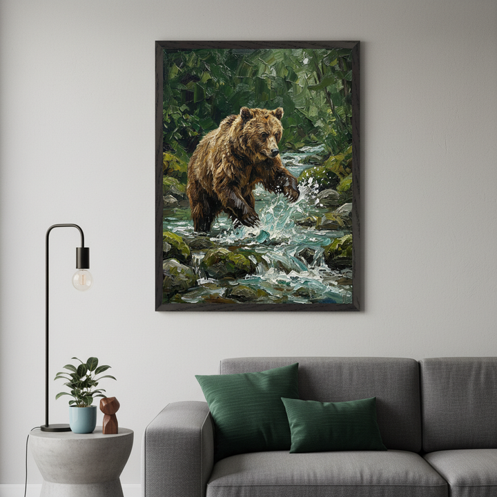 Modern living room with a gray sectional sofa and round side table. A large framed impressionistic painting of a grizzly bear splashing in a rocky river hangs on the wall above the sofa.