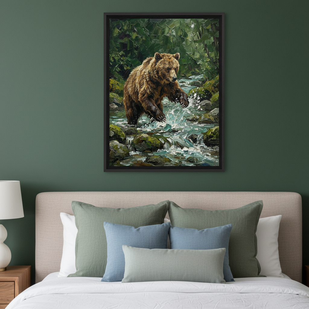 Modern bedroom with a beige fabric bed. A framed oil painting of a brown bear walking through a splashing river hangs centered above the bed on a dark green wall. The painting features visible brushstrokes.