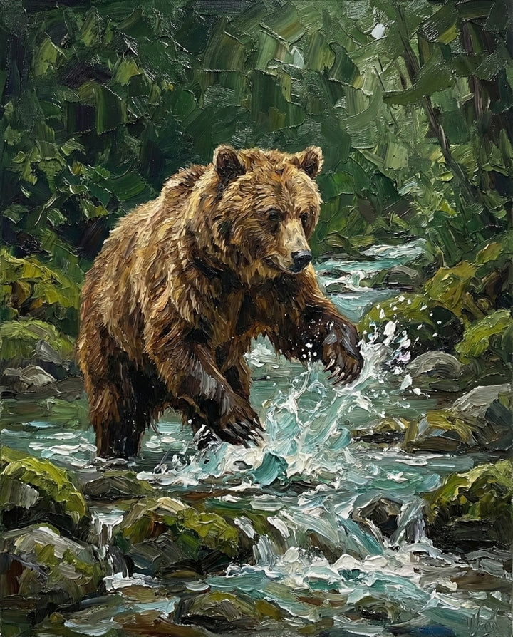 An energetic painting of a brown bear crossing a fast-moving rocky stream, with water splashing up around its paws. The rich texture and vibrant motion capture the wild force of the scene.
