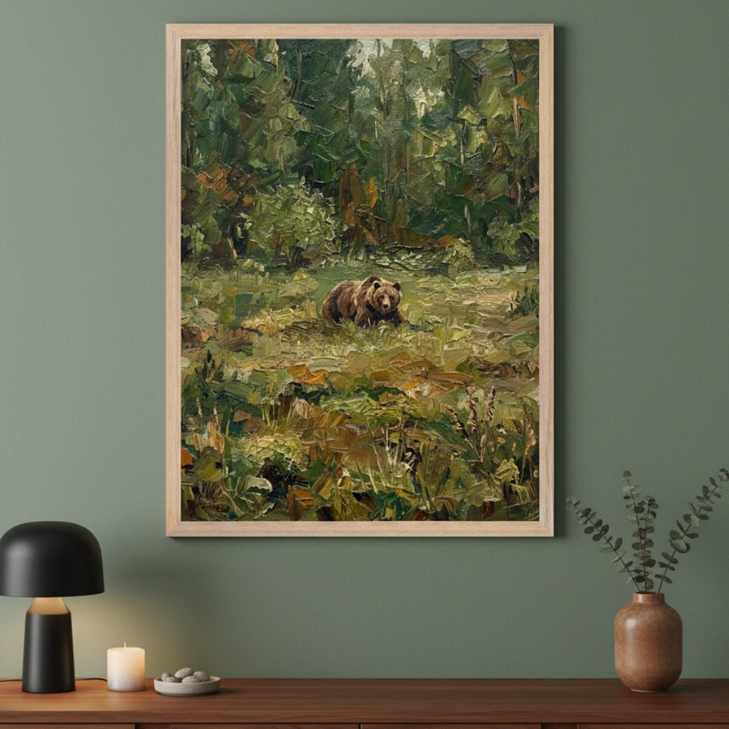 Modern room with a dark green wall and a wooden console. A large framed impasto oil painting of a brown bear resting in a green field with a forest background hangs above the console.