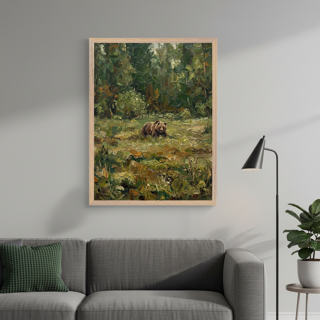 Modern living room with a gray sectional sofa. A large framed oil painting depicting a brown bear lying in a grassy forest clearing, painted with thick, impressionistic brushstrokes, hangs above the sofa.